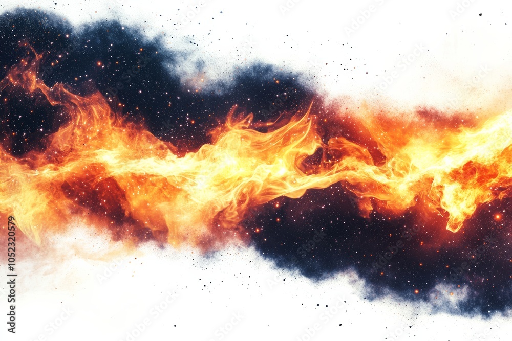 Poster fire flames in space, flames burning in a zero-gravity environment with stars and cosmic elements in