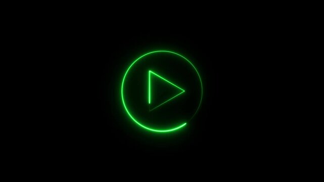 Play button icon. Neon shine play button with neon circle neon-glowing play button.Video, audio neon play button icon Press to play. On black background.