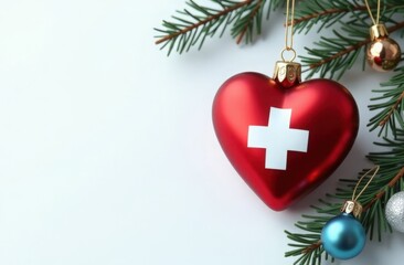 Heart-shaped Christmas ornament with medical cross on a white background. Medicine, healthcare, cardiology concept. Design for greeting card, invitation, poster, banner. Copy space