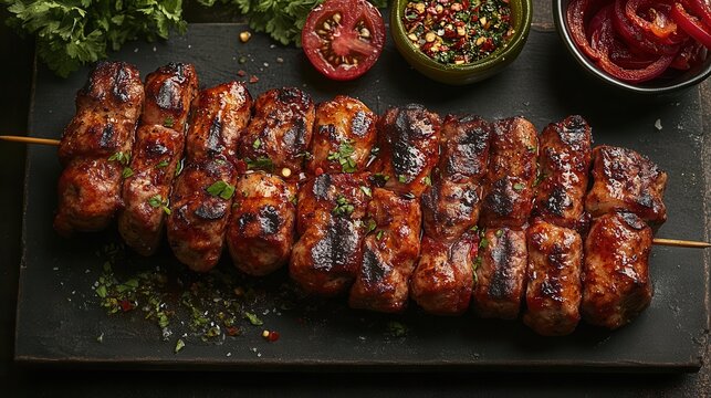 Grilled Perfection Unveiled: Succulent Skewered Meat Glazed in Savory Brilliance with Artisanal Sauces on Dark Slate Canvas