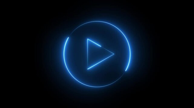 Play button icon. Neon shine play button with neon circle neon-glowing play button.Video, audio neon play button icon Press to play. On black background.
