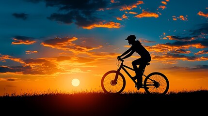 Obraz premium Evening Silhouette of Cyclist on a Bike at Sunset
