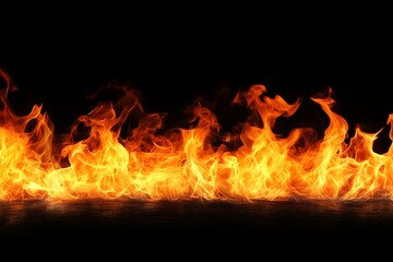 Fire flames on black, vivid flames burning brightly against a stark black background, highlighting their intensity.
