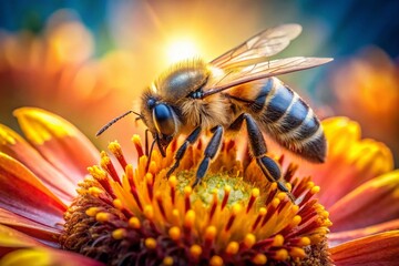 Close-Up of Bee Collecting Pollen on Flower Petal - Nature's Beauty in Action