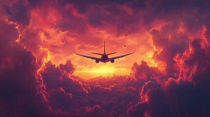 Naklejka premium plane flying in the sky at sunset, surrounded by colorful clouds, gliding through the air with a sense of adventure, freedom, and exploration of new lands