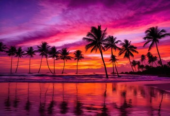 Obraz premium stunning tropical palm trees silhouetted vibrant colorful sunset sky dusk, beach, landscape, seascape, nature, scenic, outdoor, travel, vacation, shoreline