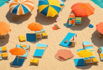 sun kissed layout relaxing beach essentials soft sand highlighting vibrant colorful inviting sunshades, towels, umbrella, sunglasses, sunscreen, bag, mat