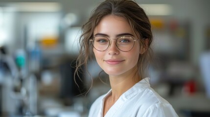 Fototapeta premium Young woman in a lab coat smiling warmly while working in a modern laboratory during the daytime