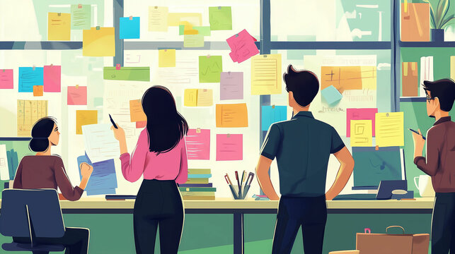 A team collaborates on innovative ideas using sticky notes in a modern office space