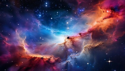 Naklejka premium a colorful nebula illuminates deep space surrounded by countless twinkling stars revealing the wonders of the universe