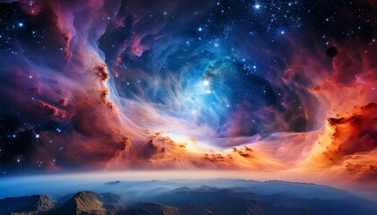 Naklejka premium a colorful nebula illuminates deep space surrounded by countless twinkling stars revealing the wonders of the universe