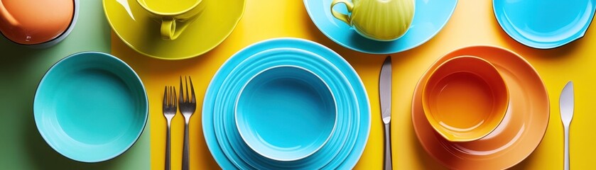 A vibrant arrangement of colorful plates and utensils on a table.
