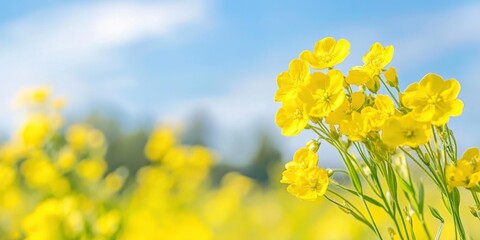 Obraz premium Closeup of rapeseed flowers in a field, with a blurry background, on a sunny day under a blue sky