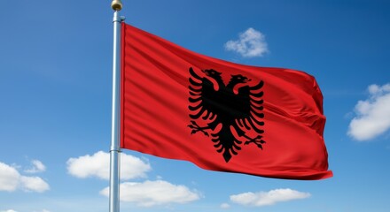 Albanian national flag waving against blue sky with clouds.