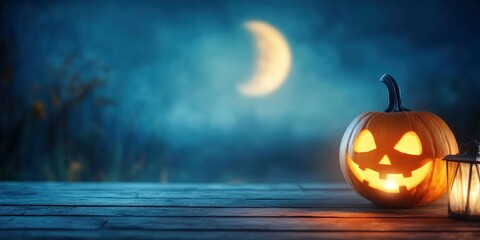 Halloween pumpkins and lanterns on a wooden table with a moon in the sky background, Halloween concept.