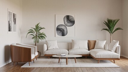 Fototapeta premium Minimalist living room, Minimalist living room interior with white sectional sofa, wooden armchairs, and abstract artwork.