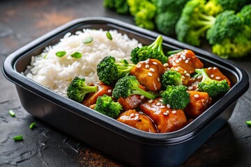 Close-up of Teriyaki Chicken with Broccoli and Rice in Meal Prep Container for Takeout