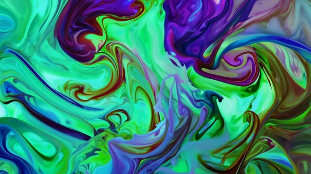 A swirling, vibrant smoke-like shapes in vivid greens, blues, and purples, creating a mesmerizing anda continuously shifting abstract pattern.