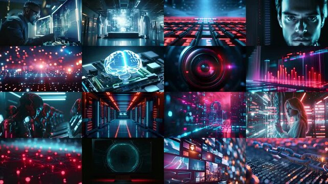 Abstract AI-generated background with digital shapes, futuristic elements and patterns. Concept of future technologies and artificial intelligence.