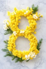 Obraz premium A flower arrangement in the shape of the number 8. The flowers are yellow and white, and there are leaves and stems as well. The arrangement is on a marble surface, and it looks like a creative