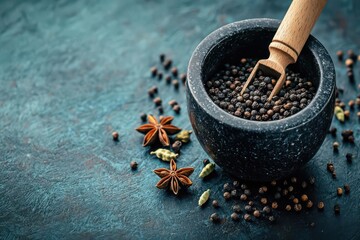 Close-up of star anise pods being crushed in a mortar with black peppercorns and cardamom, soft glowing textures, Crushing star anise and spices, Spice blend creation