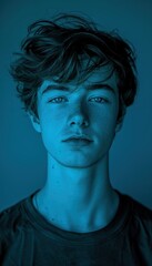 Confident Young Man Posing Against Deep Blue Monochrome Background for Portrait Photography