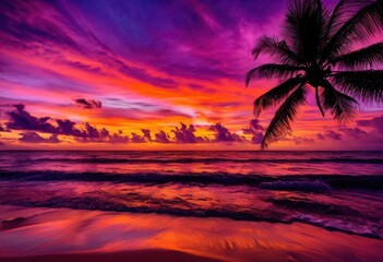 Fototapeta premium dramatic tropical palm silhouettes framed exquisite vibrant sunset sky overflowing brilliant hues, colorful, horizon, landscape, nature, dusk, morning