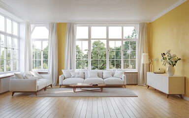 White sofas and yellow wall in a modern living room  perfect for minimalist interior design inspiration   