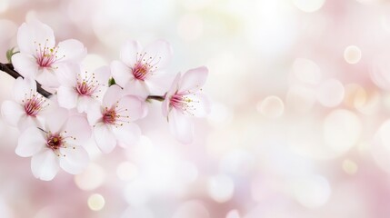 Fototapeta premium White and pastel bokeh background with a light pink cherry blossom branch.