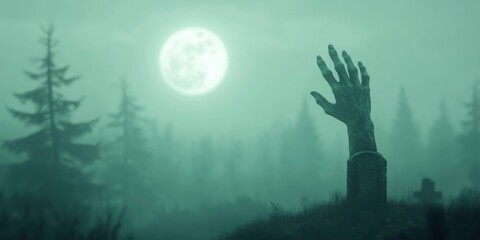 Zombie hand rising from the grave, full moon in the background, cemetery landscape, horror theme, foggy atmosphere.