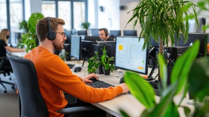 Modern Office Space with Green Plants and Workstations