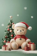 Fototapeta premium Christmas teddy bear wearing santa hat with christmas tree and gift box background