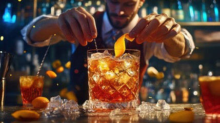 Bartender decorating fresh old fashioned summer cocktail with ice and orange peel