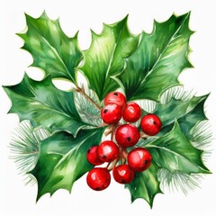 Obraz premium hand drawn watercolor christmas holly with red berries and green leaves