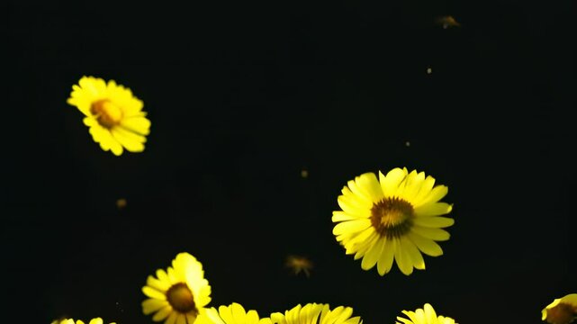 Yellow dandelion petals falling against black background