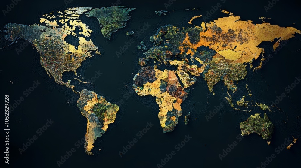 Poster Global inflation: A world map with various countries highlighted, each showing different inflation rates, representing the worldwide impact of inflation.