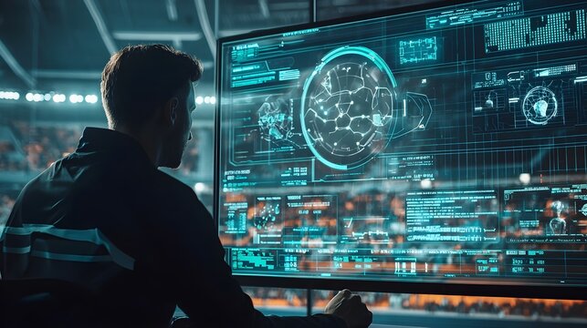 Sports Coach Analyzing Holographic Player Data and Game Footage for Tactical Adjustments