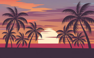 Fototapeta premium Silhouettes of palm trees against a sunset sky orange and purple tropical vacation summer getaway 