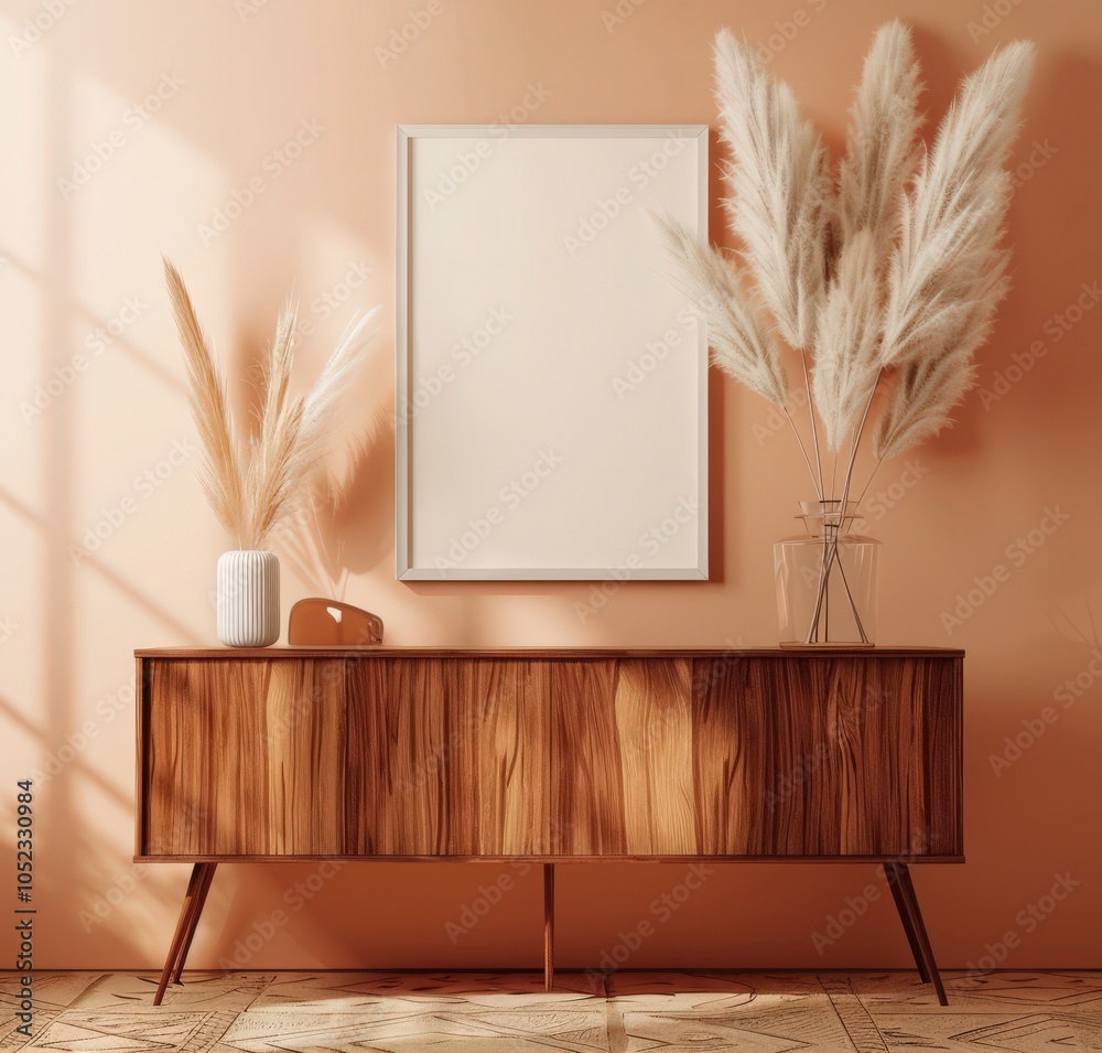 Wall mural a wooden cabinet with a blank frame. two vases with pampas grass. and a wooden shelf