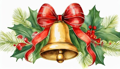 watercolor christmas gold bell illustration with festive red and green ribbon and holly hand drawn and cute art for holiday decor