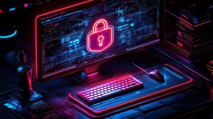 Obraz premium security padlock icon displayed on a computer screen, symbolizing digital safety and privacy, with a sleek design and a futuristic aesthetic, capturing the essence of modern cybersecurity