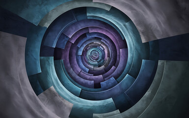 Abstract blue and purple geometric shapes create a swirling  hypnotic effect   