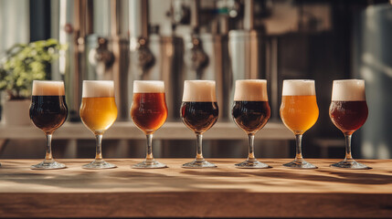 Craft Beer Tasting Flight  Assorted Beers in Glasses  Brewery Bar