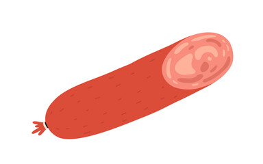 Set of boiled and smoked sausage products, frankfurter, whole sausage, half, sliced, boiled pork, string of sausages. Food, meat dish. Color vector illustration isolated on white