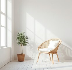 A wicker chair with a white cushion sits in a bright minimalist room with a potted plant and a large window letting in natural light