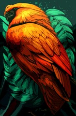 Fototapeta premium vibrant, stylized illustration of a scarlet macaw perched amidst lush, tropical foliage. The parrot's plumage is depicted in a bold, graphic style with contrasting shades of orange and red. The leaves
