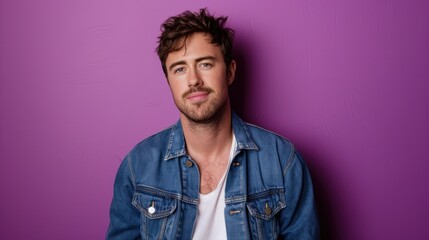 Obraz premium Casual Style and Confidence: Denim Jacket Against Bold Purple Backdrop for Design Use