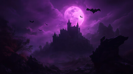 Spooky haunted Halloween casted in the forest background with pumpkin, flying bats and night moon.