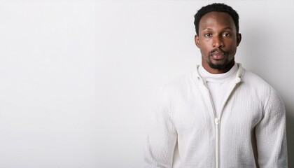 Obraz premium A young black man wearing white clothes in front of white wall