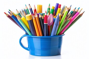 Fototapeta premium Colorful School Supplies in Blue Cup - Night Photography Illustration